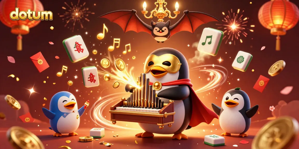 Experience thrilling gaming at datum with a penguin character playing an organ surrounded by golden coins and festive elements.