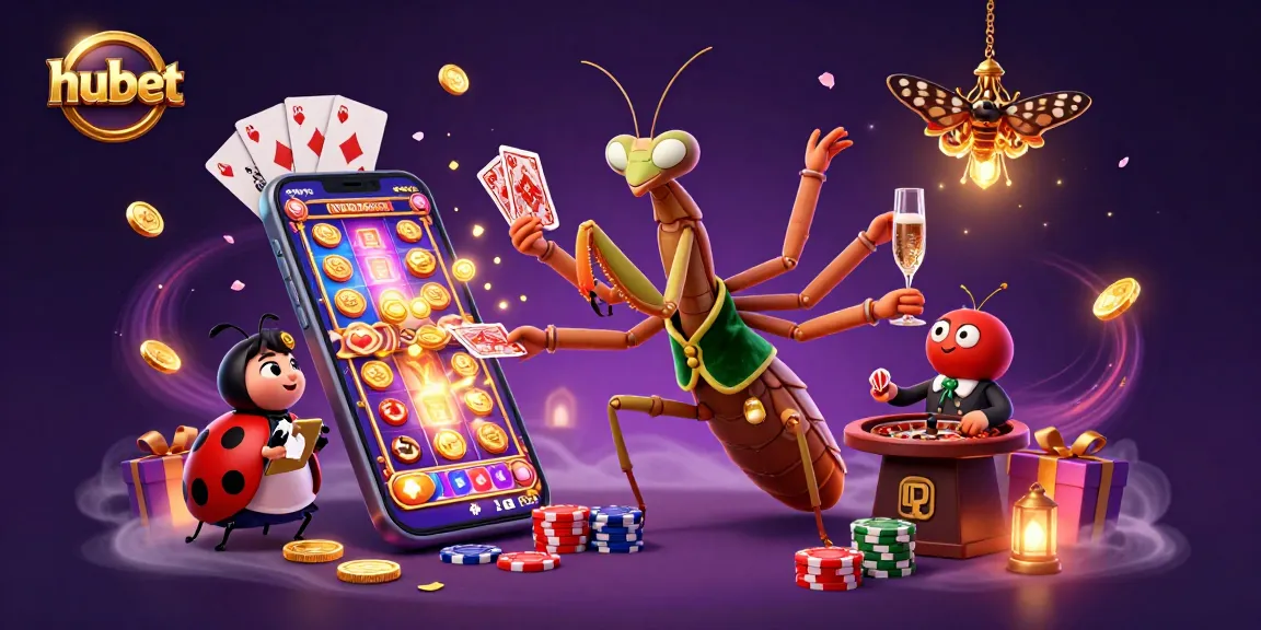 hubet casino illustration with a giant mantis dealer and vibrant slot game elements