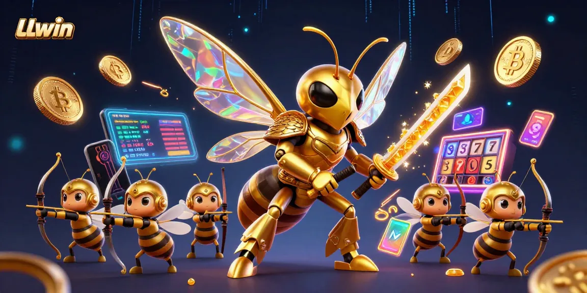 Join the excitement with LLwin, where a giant golden hornet leads a team of bee archers in a vibrant casino atmosphere.
