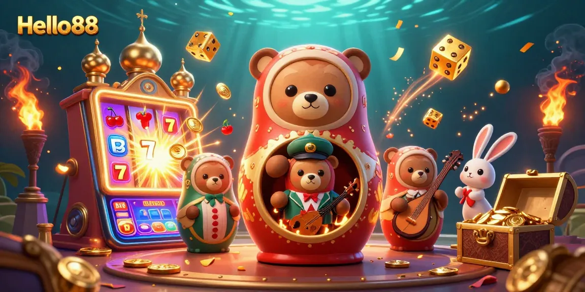 Hello88 showcases an exciting 3D casino scene featuring Matryoshka bears and jackpot slot action.