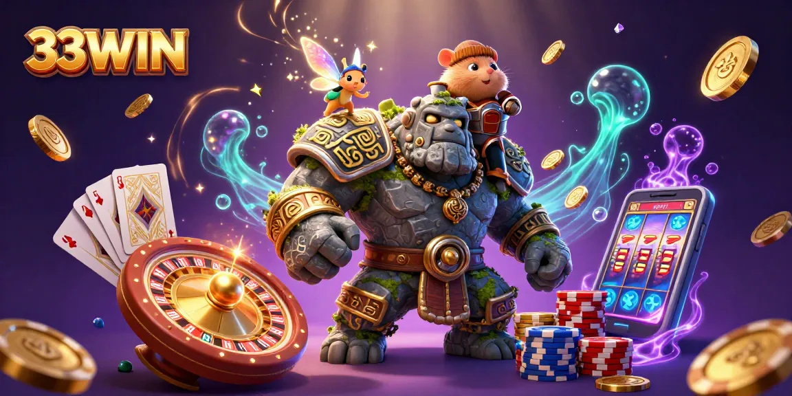 Experience the thrilling magic of 33WIN as the stone golem guardian and fairy unleash casino excitement!