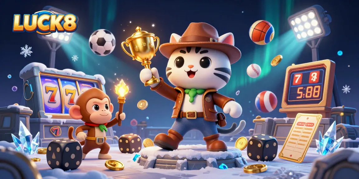 LUCK8 showcases a thrilling scene with an adventurous cat and monkey in a casino, discovering treasure amidst dynamic gaming elements.