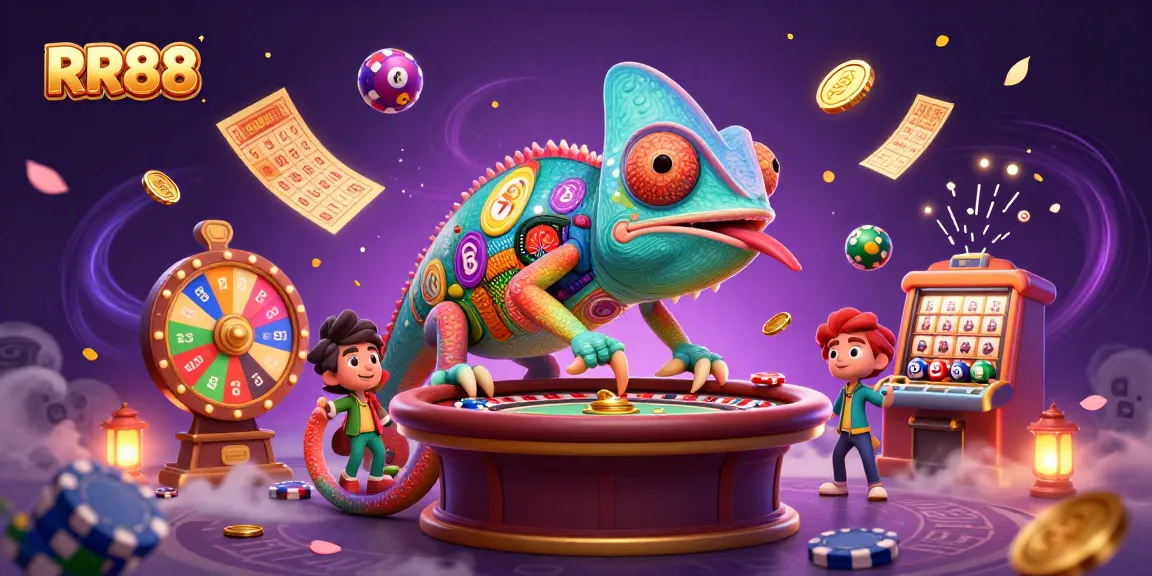 Experience thrilling gaming at RR88 with a vibrant chameleon owner surrounded by dynamic casino elements.
